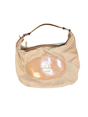 Prada Tessuto Beige Nylon & Patent Leather Hobo Shoulder Bag with COA